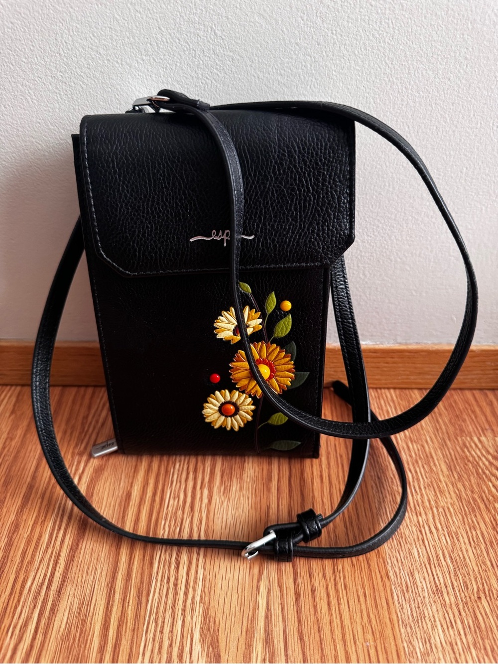 Black Crossbody Bag with Embroidered Sunflower Detail